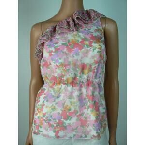 $79 Gianni Bini Pink Foral Ruffled One Shoulder Peplum Top Blouse S 4 6 NEW